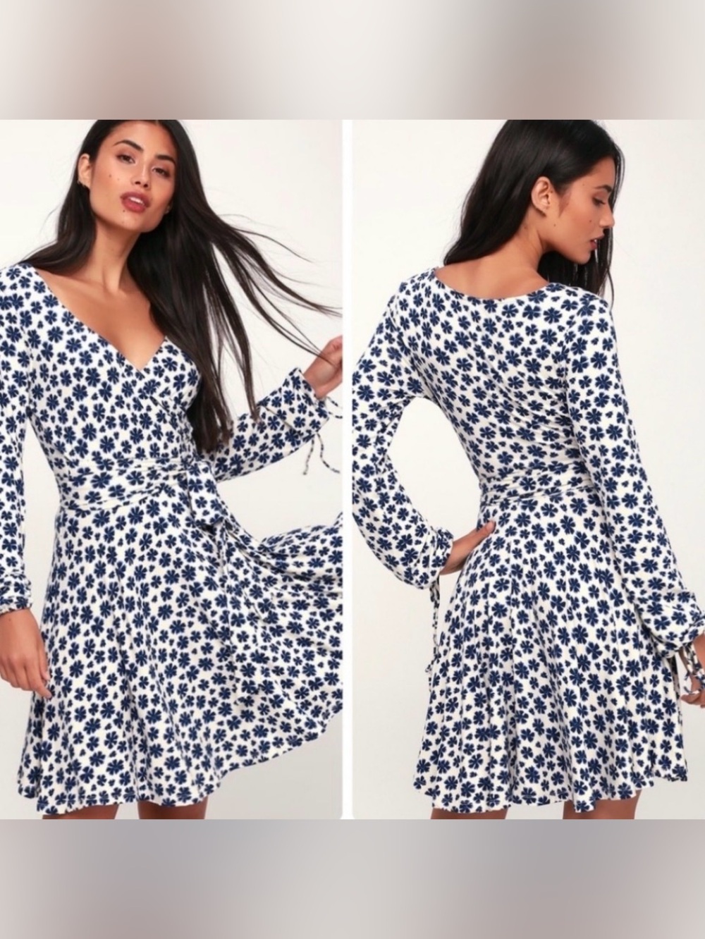 Free People Pradera Blue&White Floral Long Sleeve Wrap Mini Dress Medium SKU 7